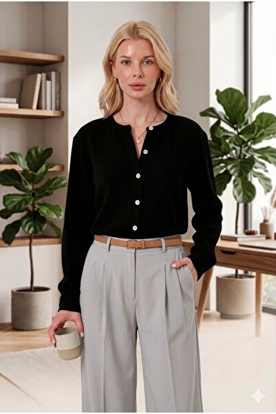 RELAXL 100% Cotton Muslin Fabric Crew Neck Black Women's Shirt