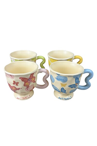 OEM Σετ 4 κεραμικών κούπες "πεταλούδα" με πολύχρωμες πεταλούδες και κυματιστή...