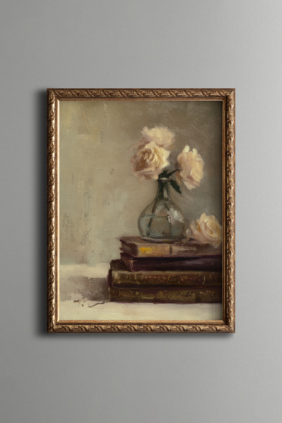 epiqart Roses in a Vase on Books – Vintage Patterned Frame – Thin Model
