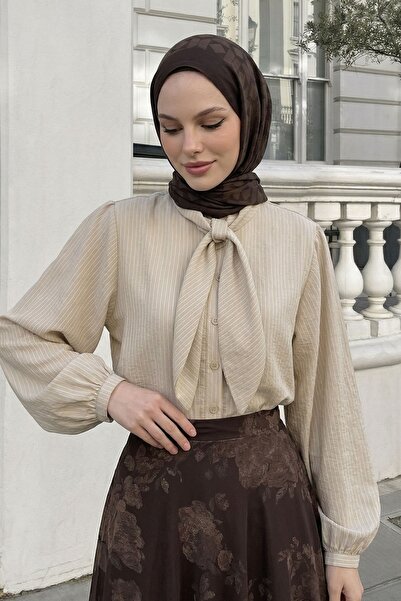 InStyle Μπεζ ριγέ πουκάμισο με φουλάρι στο γιακά