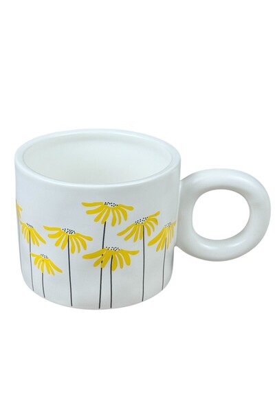 OEM Κεραμική κούπα  "bloom art ", λευκή με κίτρινο φλοράλ σχέδιο, στρογγυλή λ...