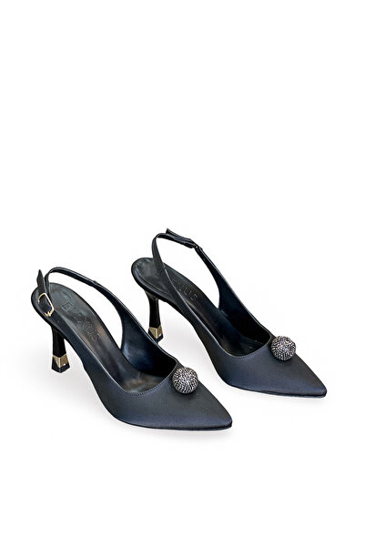 Elexus Γυναικεία μαύρα σατέν παπούτσια με μυτερή μύτη και λεπτομέρεια από πέτ...