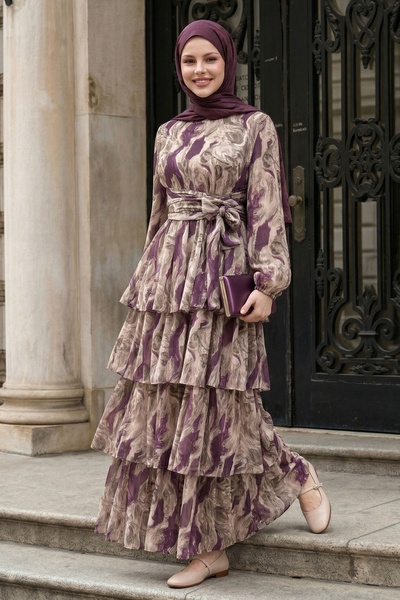 InStyle Φόρεμα σιφόν με βολάν και μωβ ζώνη