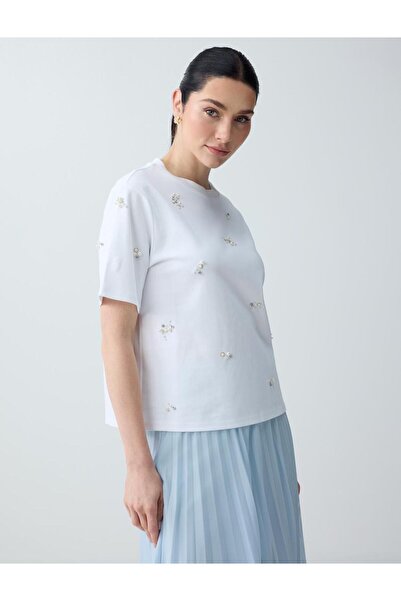 Jimmy Key Off-White 100% βαμβακερό πλεκτό μπλουζάκι με λαιμόκοψη και κοντό μα...