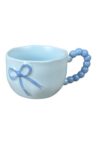 OEM Μπλε κεραμική κούπα με ανάγλυφο φιόγκο και λαβή με χάντρες, 360 ml