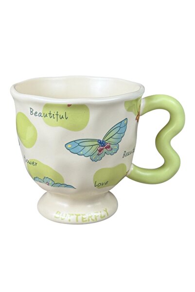 OEM Κεραμική κούπα "Butterfly" με πράσινες πεταλούδες και κυματιστή πράσινη λ...