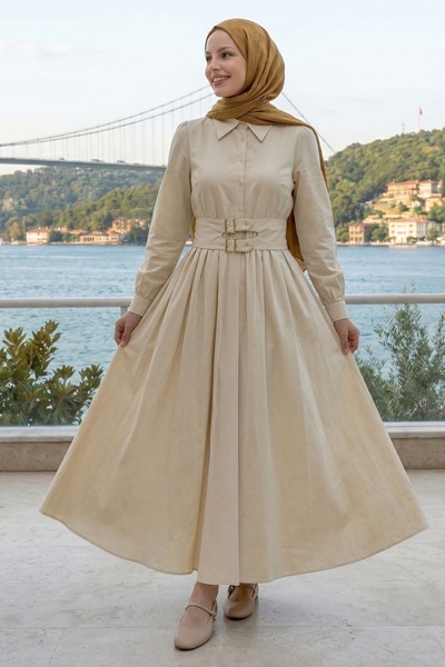 InStyle Μπεζ Φόρεμα με Διπλή Ζώνη με Πόρπες