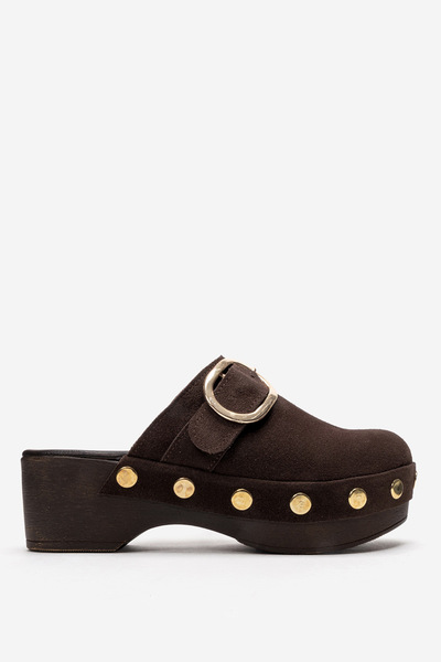 Dericlub Γυναικείες παντόφλες τσόκαρα με αγκράφα από γνήσιο δέρμα σουέντ ZY 4...