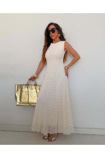 QİMYA BUTİK BUKETLİ Γυναικείο Φόρεμα με Λαιμόκοψη Ο, Αμάνικο, Μάξι Μήκος, Μεγ...