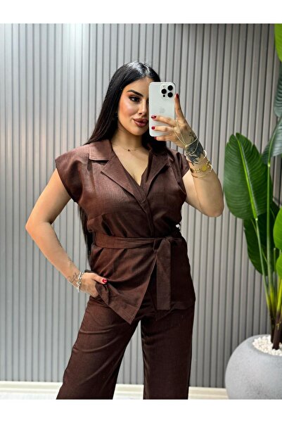 inci bayan giyim Γυναικείο Σετ Λινό Λαβίνια/Καφέ