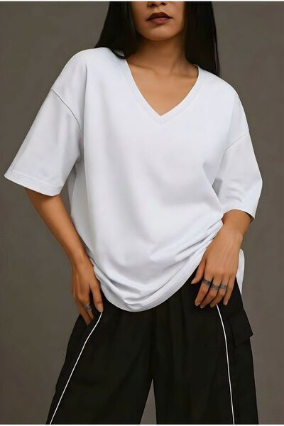 DM DOLCE MORE Τυπωμένο μπλουζάκι με λαιμόκοψη V, oversized, unisex 1VQ2