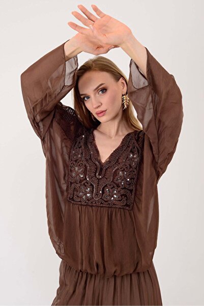 Park Moda SN1023 ΜΕΤΑΞΩΤΗ ΜΠΛΟΥΖΑ ΜΕ ΔΙΑΚΟΣΜΗΣΗ ΑΠΟ ΔΑΝΤΕΛΑ ΓΚΟΥΠΟΥΡ ΚΑΙ ΠΑΓΙ...