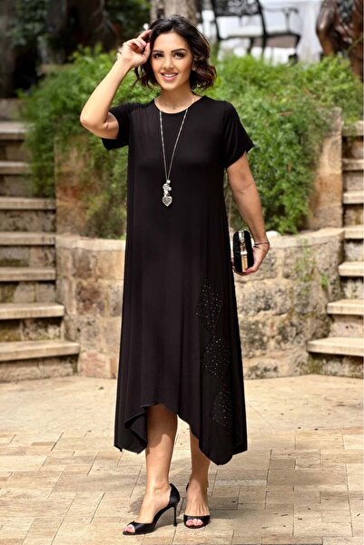 Nevin Kaya Moda Μαύρο φόρεμα με λεπτομέρεια από πέτρα σε στυλ Verev Cut