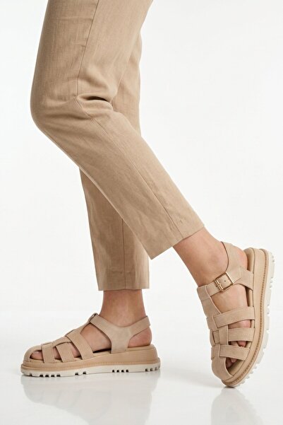 Voyager Μπεζ σουέντ γνήσιο δέρμα γυναικεία σανδάλια Z796 Z