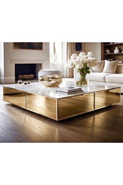 LUXURY VİLLA LUXURY GOLD AYNALI ÜSTÜ BEYAZ CAMLI TEKERLEKLI DEKORATIF ORTA SE...