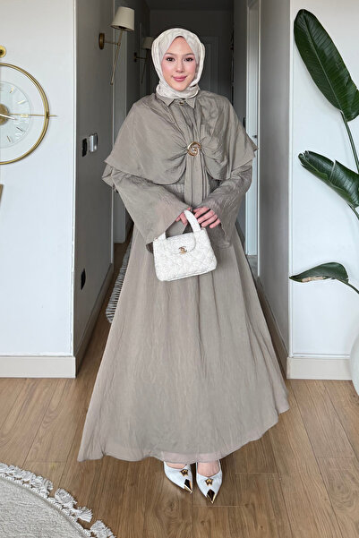 Tesettür Diyarı Σετ Τουλ Μοντάλ με Κάπα και Καρφίτσα Φουρκέτας - Χακί