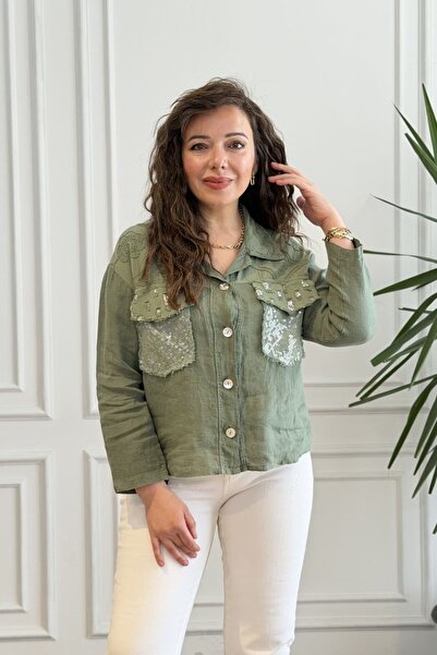 yb yağmur butik Λινό πουκάμισο με λεπτομέρειες από πούλιες και διπλές τσέπες ...