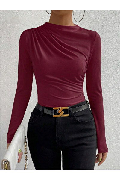 BORCKA TEKSTİL Γυναικεία μπλούζα μπορντό με ψηλό γιακά και λεπτομέρεια με κορ...