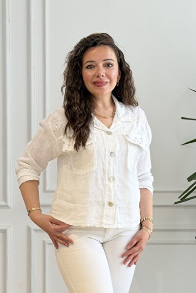 yb yağmur butik Λινό πουκάμισο με λεπτομέρειες από πούλιες και διπλές τσέπες ...