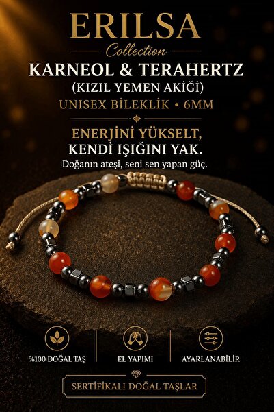 Erilsa Certified Carnelian Terahertz Bracelet - 6 mm Natural Stone Unisex Adj...