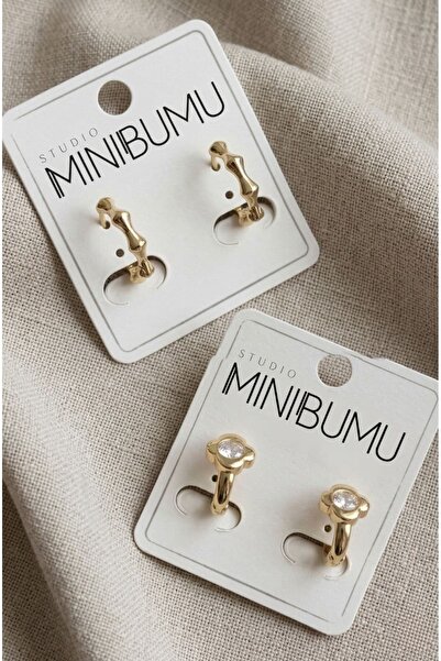 Studio Minibumu 2 Pairs of Plain & Stone-Embellished Tarnish-Resistant Steel ...