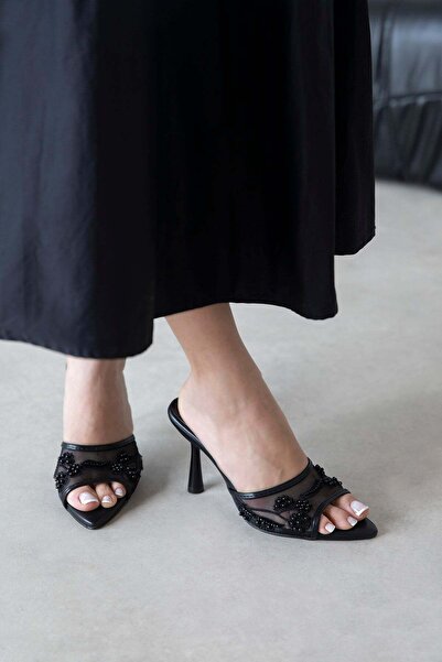 STRASWANS Karis Γυναικεία Διχτυωτά Σανδάλια με Τακούνι Μαύρα