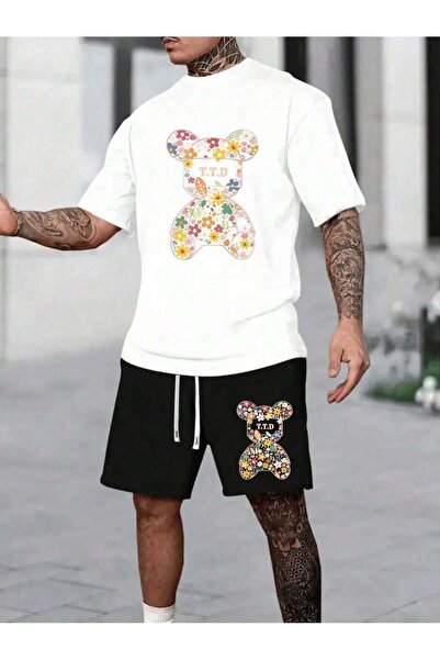 PENTHİLUS Men's Summer Shorts Set |   Bear & Flower Printed Casual 2-Piece Se...