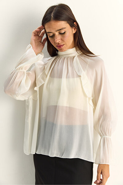 Bianco Lucci Women's Ruffle Detailed High Collar Shiny Organza Chiffon Blouse...