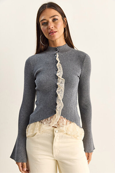 Bianco Lucci Γυναικεία ζακέτα πλεκτή με δαντέλα και λεπτομέρειες, με μισό ζιβ...