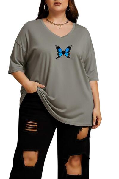BENROMA Printed V-Neck Plus Size Oversized T-Shirt 2Cz4