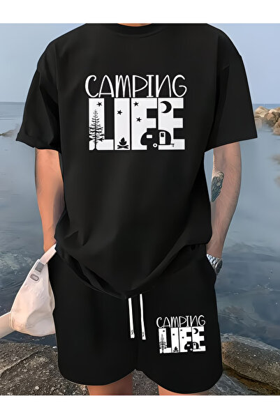 Nivorix طقم مطبوع عليه CAMPING، طقم شورت وتي شيرت