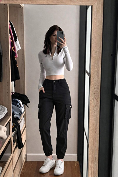 hacker Women's High Waist Cargo Pocket Elastic Black Jogger Pants