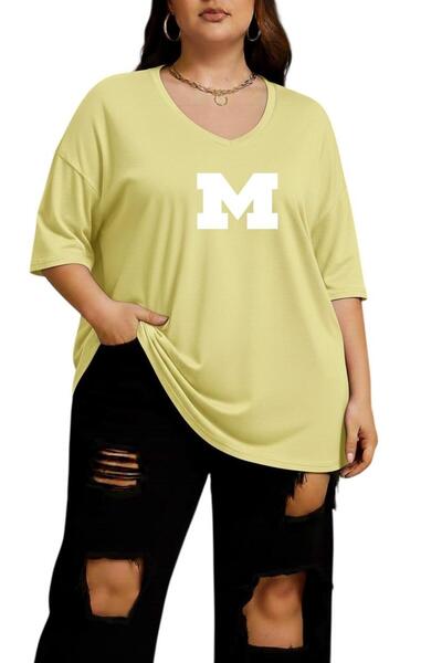 E-ROMA Μπλουζάκι με στάμπα, λαιμόκοψη V, μεγάλο μέγεθος, oversize 2CZ6