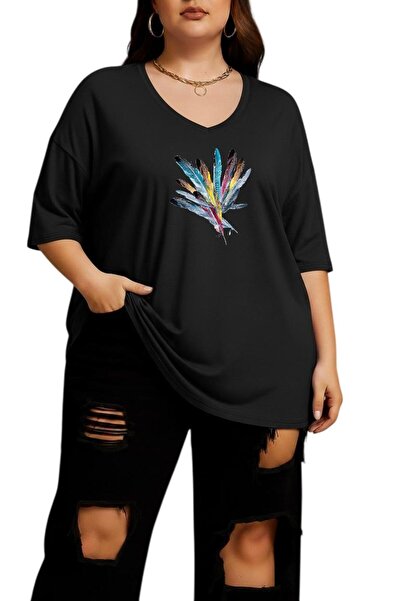 DM DOLCE MORE Colorful Feather Printed V-Neck Plus Size Oversize T-Shirt 2Cz5