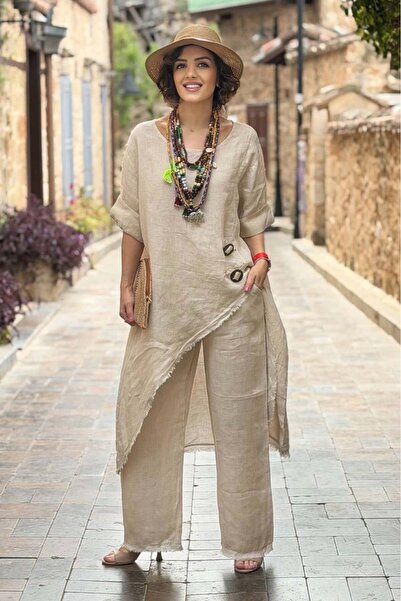 Nevin Kaya Moda Κρεμ Λινό Ιταλικό Σετ με Πόρπες