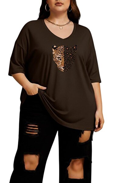 DM DOLCE MORE Μπλουζάκι με λεοπάρ σχέδιο, λαιμόκοψη V, μεγάλο μέγεθος, oversi...