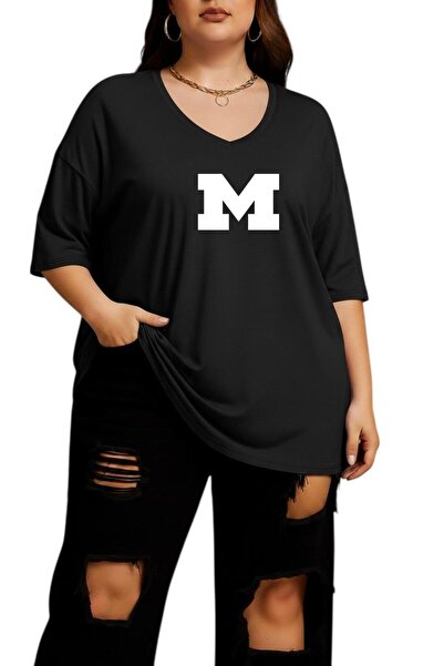 DM DOLCE MORE M Printed V-Neck Plus Size Oversized T-Shirt 2Cz6