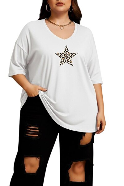 BENROMA Μπλουζάκι με στάμπα λεοπάρ αστέρια, με λαιμόκοψη V, μεγάλο μέγεθος 2CZ1