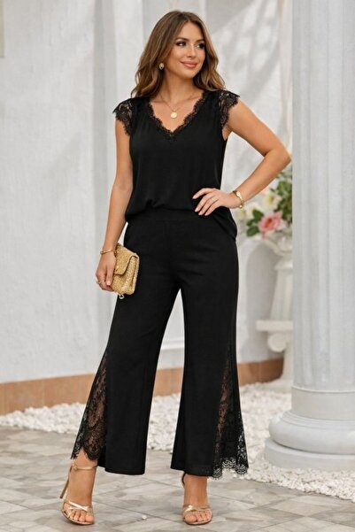 Wear Up Γυναικείο κοντομάνικο σετ με δαντελένιο γιακά V και μπλούζα παντελόνι...