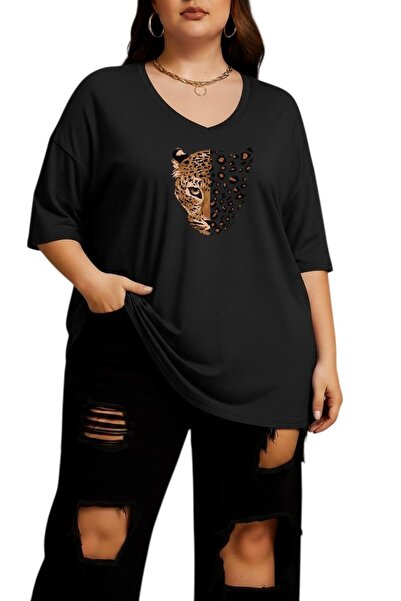 DM DOLCE MORE Leopard Print V-Neck Plus Size Oversized T-Shirt 2Cz3