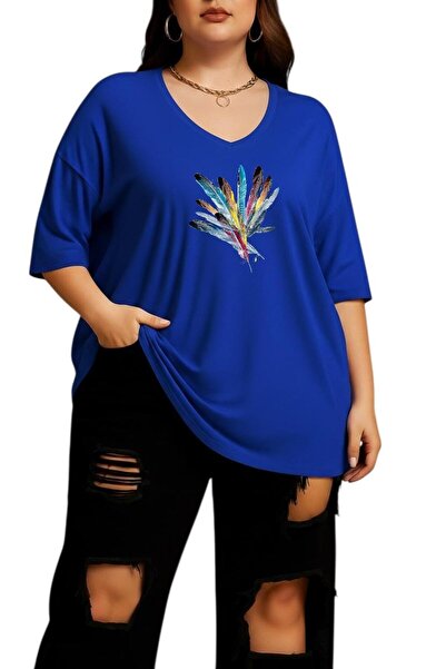 DM DOLCE MORE Colorful Feather Printed V-Neck Plus Size Oversize T-Shirt 2Cz5