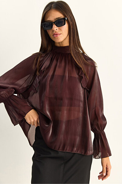 Bianco Lucci Γυναικεία μπλούζα με βολάν, λεπτομερή λεπτομέρεια, όρθιο γιακά, ...