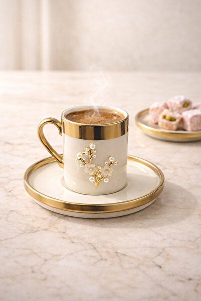 YzHome 2 Kişilik Lüks Beyaz Gold Yaldızlı İnci Lotus Kahve Fincan Takımı Seti 100ml