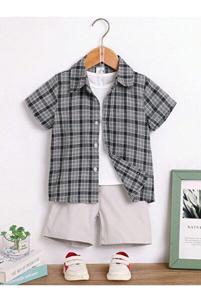 Take Two By Styli Boys Checked Short Sleeve Shirt and T-Shirt with Shorts Set