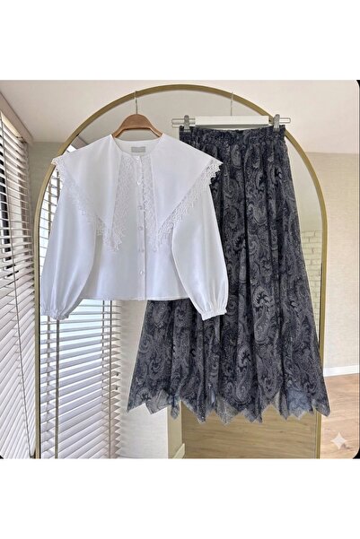 MODA VEDAT Γυναικείο Σετ με Λεπτομερή Γιακά και Ασύμμετρη Κοπή με Φούστα από ...