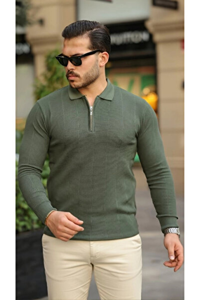 Generic Brand Men's Brass Patterned Long Sleeve Collared Knitwear