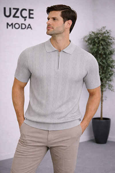 UZÇE MODA Gray Color Polo Collar Half Zipper Men's T-Shirt