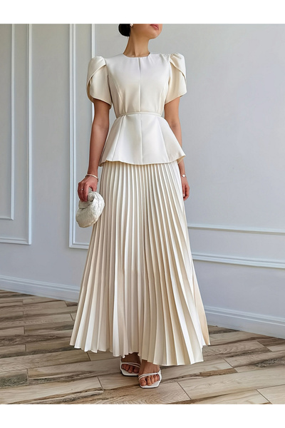 Take Two By Styli Beige Solid Petal Sleeve Peplum Top and Pleated Skirt Co-Ords