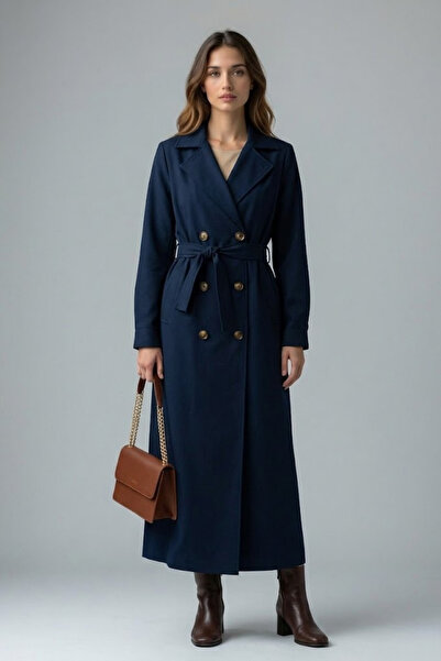 hacker Women's Basic Seasonal Midi Navy Blue Trench Coat with Pockets and Belt