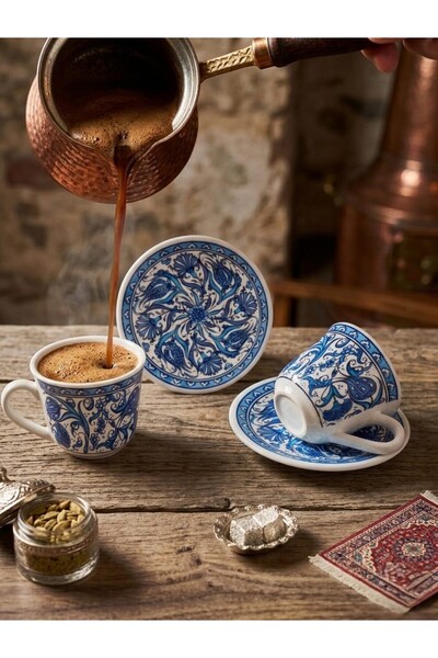 Handmade Mavi Lale Desenli Seramik Kahve Fincanı – Osmanlı Motifli Zarif Türk...